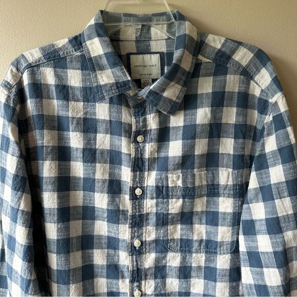 American Eagle Buffalo Plaid Button Down Shirt Cotton Blue Cream Men's L Preppy - Picture 2 of 12